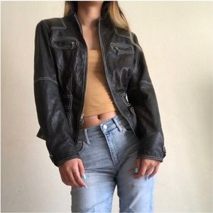 Anne Klein Black Chic Leather jacket with White stitching SzL